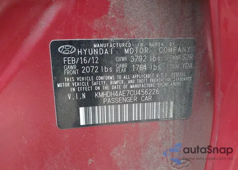 2012 Hyundai Elantra Limited (Ulsan Plant) from USA, damaged, VIN KMHDH4AE7CU456226